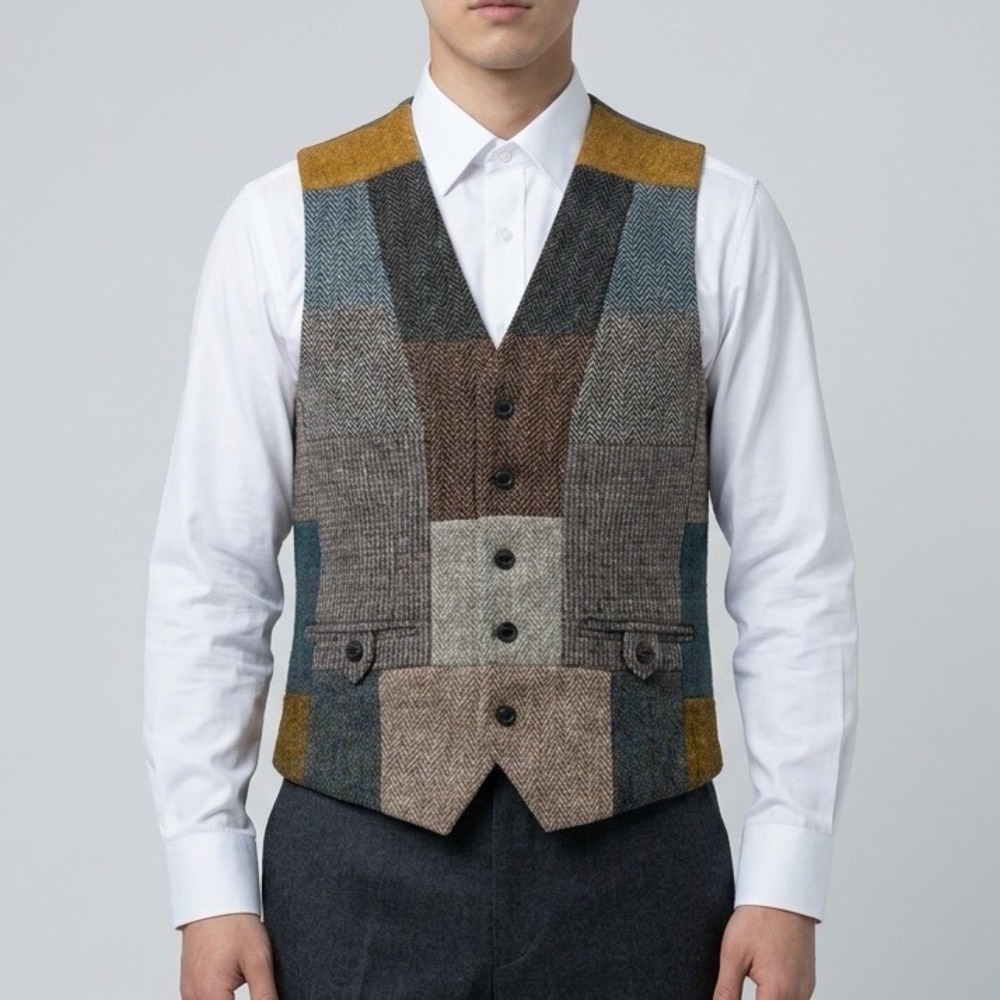 Harris Tweed Vest Mens S Multicolor Patchwork Wool Waistcoat Herringbone Plaid